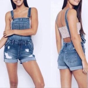 KanCan Distressed Rolled Hem Stretch Denim Short Overalls Size XL